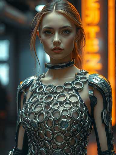 The image depicts a highly detailed, computer-generated or AI-generated female character, possibly from a video game or movie. She has striking red hair, which is pulled back into a ponytail with a few loose strands framing her face. Her eyes are a vivid blue, and she has full lips adorned with red lipstick. She is wearing a black choker with a silver design around her neck. Her attire is a unique, metallic dress composed of numerous silver rings of varying sizes, some of which feature intricate patterns. The dress is sleeveless, revealing her arms, and the rings are arranged to cover her chest while leaving her midriff exposed. The background is blurred, with a mix of dark and light areas, and an orange neon sign on the right side that is unreadable. The overall scene suggests a futuristic or cyberpunk setting.