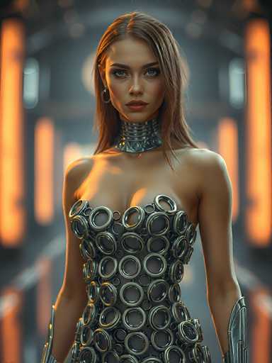 The image depicts a highly detailed, computer-generated portrait of a young woman, possibly in her late teens or early twenties. She has long, straight brown hair that cascades down to her chest, with a few strands falling over her left shoulder. Her complexion is light, and she has striking blue eyes accentuated by dark eyebrows and eye shadow. Her lips are painted a vivid red, and she wears a single silver hoop earring in her right ear.

The woman is adorned in a form-fitting, metallic dress that features a series of silver circles arranged in rows, covering her chest and torso. The dress is sleeveless, revealing her bare arms, and extends down to her hips. Around her neck, she wears a metallic collar that complements the dress. Additionally, she has silver metal pieces on her forearms, adding to her futuristic appearance.

The background is blurred, with a mix of gray and orange hues, and features vertical orange stripes on either side, giving the impression of a high-tech or sci-fi setting. The overall composition and lighting suggest that this is a computer-generated image, possibly created using AI, rather than a photograph of a real person.