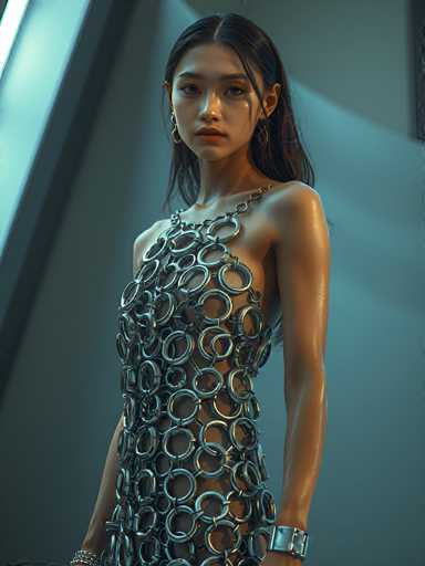 A young woman with long, dark hair is wearing a futuristic, metallic dress made of interconnected silver chains. The dress is form-fitting and appears to be a halter top style, revealing her shoulders and chest. She has a serious expression on her face, looking directly at the viewer with intense eyes. Her skin is fair and appears slightly wet or glossy, reflecting the light. She's wearing delicate silver earrings and a chunky silver bracelet on her left wrist. The background is a muted, cool-toned gray, with soft lighting highlighting the metallic texture of the dress. The overall style is futuristic and fashion-forward, with a focus on the intricate design of the garment.