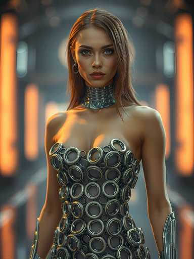 A woman is standing in front of a futuristic building with orange lights and circular patterns on her dress that resemble circles or rings. She has long brown hair and is wearing a strapless dress with a metallic sheen to it. The background features a large archway leading into the distance, creating an intriguing visual effect.