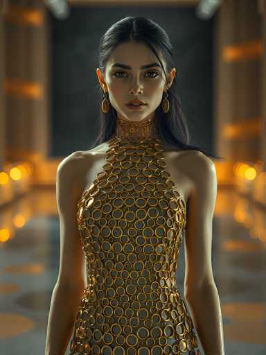 The image portrays a striking, computer-generated woman with long, dark hair and a serious expression. She is adorned in a unique, strapless dress composed of numerous golden rings, creating a textured, almost armor-like appearance. Her shoulders are bare, and the dress extends to her waist, where it is cut off in the image. She wears a matching choker around her neck, and her ears are decorated with large, dangling earrings that resemble leaves. The background is a blurred mix of gray and orange hues, with indistinct shapes that could be buildings or trees, adding to the overall mysterious and futuristic ambiance of the scene.