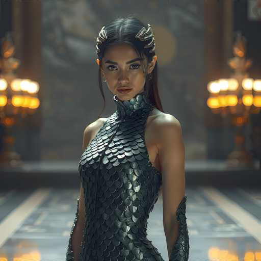 A striking image features a woman with dark hair, styled in a sleek ponytail, adorned with intricate headpieces that resemble horns or wings. She is wearing a form-fitting, sleeveless dress made of black scales, which extends up to her neck, leaving her shoulders bare. The dress fits snugly around her chest and waist, accentuating her figure. Her arms are covered in matching black scales, adding to the otherworldly appearance. The background is blurred, but it appears to be a grand, ornate room with a black and white marble floor and large, illuminated candelabras on either side. The overall ambiance is dark and mysterious, with the woman's intense gaze directed straight at the camera, creating a captivating and somewhat eerie effect.