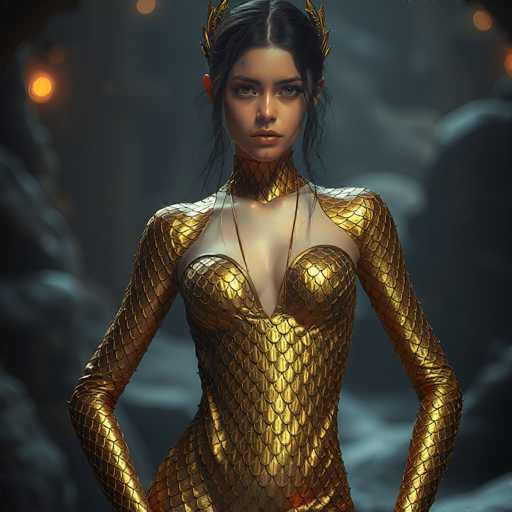The image depicts a highly detailed, computer-generated portrayal of a woman who appears to be a superhero or a character from a video game. She stands confidently with her hands on her hips, gazing directly at the viewer. Her long, dark hair is styled with a middle part and is adorned with a golden headpiece that resembles wings or leaves. Her striking blue eyes and full lips add to her captivating appearance.

She is dressed in a form-fitting, golden bodysuit that extends from her neck down to her thighs. The bodysuit features a deep V-neckline and long sleeves, with intricate scales that cover her entire body, giving it a fish-like or mermaid-like texture. A long, thin golden necklace drapes elegantly from her neck to her chest, complementing the outfit.

The background is a dark, rocky terrain with a bluish hue, illuminated by small orange lights that add a mystical ambiance to the scene. The overall composition highlights the woman's powerful and regal presence, making her the focal point of this striking digital artwork.
