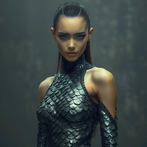 A woman with long brown hair and a snake skin-like top is the main subject of this image. She has her back facing the camera, giving us a clear view of her face and upper body. The background is dark and blurred, which puts the focus on the woman in the foreground. There are no other objects or people visible in the image.