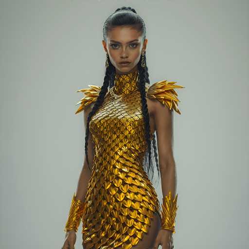 A striking image features a woman with dark skin and long black hair styled into two braids that cascade over her shoulders. She is adorned in an elaborate gold dress that resembles a fish, with scales intricately covering the fabric. The dress is form-fitting, accentuating her figure, and includes a high collar that extends up to her neck. Gold shoulder pads, designed to mimic feathers, add an extra layer of grandeur to her attire. Complementing the dress, she wears gold wristbands that also feature feather-like designs. Her face is heavily made up, with bold lipstick and dramatic eye makeup, and she wears long, dangling earrings. The background is a simple gray, ensuring that all attention remains on her elaborate and regal appearance.