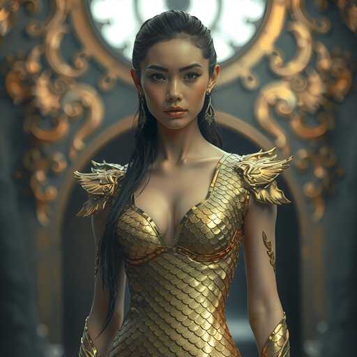 A woman with long dark hair is standing in front of a large window adorned with gold designs and intricate patterns. She is wearing a gold dress that features a fish-scale pattern on the bodice and a gold leaf design on the skirt. The woman's gaze is directed straight at the camera, creating an engaging visual connection between her and the viewer.