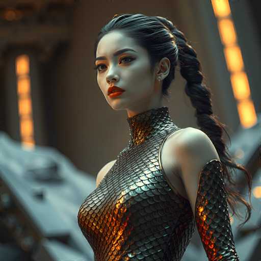 A stunning digital painting of a futuristic warrior woman, rendered in a highly detailed and realistic style. She is clad in an intricately designed, dark metallic armor with a scale-like texture that catches the light. The armor features a high, textured collar and long sleeves, with glowing orange accents highlighting the scales. Her dark hair is styled in a thick braid that cascades over her left shoulder, with loose strands framing her face. She has a serious yet determined expression, looking off to the left with piercing eyes. Her lips are painted a bold red, and she wears delicate silver earrings. The background is softly blurred, suggesting a futuristic, industrial setting with warm orange light sources and hints of metallic structures. The overall lighting is dramatic, emphasizing the texture and form of her armor and hair.