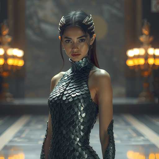 A woman is standing in front of a large painting with gold accents and a dark background. She is wearing a black dress with a metallic sheen that resembles scales or fish skin. The woman has her hair styled in an elegant updo and is looking directly at the camera with a serious expression on her face.