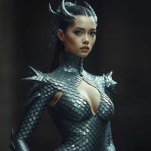 A stunning digital painting of a woman in an elaborate, dark grey scale armor. The armor is intricately detailed with overlapping scales that create a textured, almost organic look. It covers her entire body, including a high-necked collar and shoulder pauldrons with sharp, horn-like extensions. The armor has a deep, plunging neckline and appears to be made of a flexible yet protective material. Her long, dark hair is styled in a sleek ponytail, and her makeup features defined eyeliner and a subtle lip color. She has a serious yet captivating expression, looking directly at the viewer with piercing eyes. The background is dark and blurred, drawing all attention to the figure in the armor. The overall lighting is dramatic, highlighting the texture and form of the armor while creating a sense of mystery and power. The style is reminiscent of fantasy art, with a focus on detail and dramatic composition.