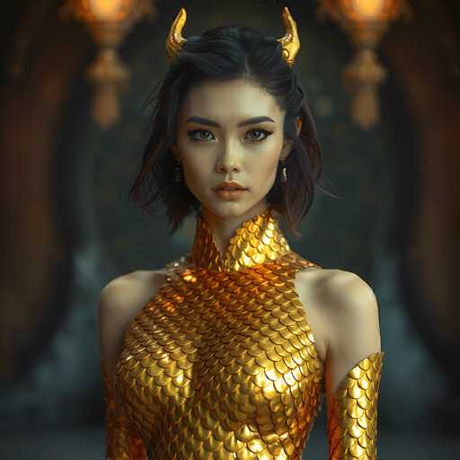 This image features a striking, computer-generated depiction of a woman who appears to be of Asian descent. She has short, dark hair and is adorned with gold horns protruding from the sides of her head. Her attire is a stunning gold dress that resembles fish scales, covering her torso and extending up to her neck. The dress is sleeveless, revealing her bare shoulders and arms, which are also decorated with matching gold scales. The woman's expression is serious, and she gazes directly at the viewer. The background is blurred, but it hints at a grand, castle-like setting with two large, glowing chandeliers on either side of her head, adding to the majestic atmosphere of the scene.