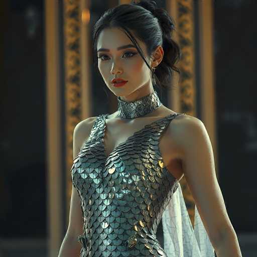 This image features a highly detailed, computer-generated depiction of a young Asian woman, likely in her late teens or early twenties. She has long black hair styled in a bun with a few loose strands framing her face. Her makeup is meticulously applied, with striking red lipstick, dark eyeliner, and mascara accentuating her eyes. She is adorned with small hoop earrings and a thick choker necklace that matches her dress, which is designed to resemble silver fish scales. The dress is sleeveless and reveals her bare arms. A white, flowing cape-like fabric drapes from her back, adding an ethereal touch to her ensemble. The background is blurred, featuring a dark wall with a gold and brown striped pattern, possibly indicating a door or window. The overall composition suggests she is a character from a video game or a fantasy setting.