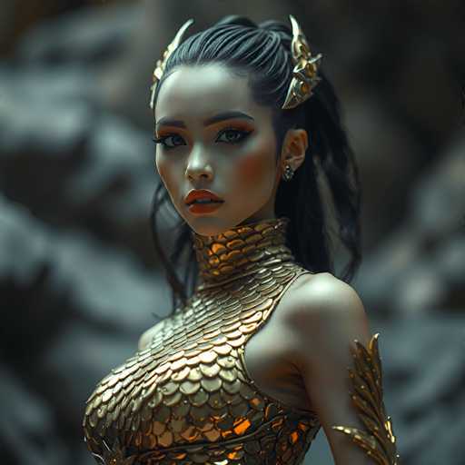 The image depicts a highly detailed, computer-generated illustration of a young woman, possibly in her late teens or early twenties, with distinct Asian features. She has long, black hair that is pulled back into a ponytail, with some strands cascading over her shoulders. Her face is adorned with heavy makeup, including dark red lipstick, and she has a serious expression as she gazes directly at the viewer. She is wearing a striking gold dress that resembles a scaly, armor-like top, with a high collar that extends up to her neck. The dress is sleeveless, revealing her bare shoulders and arms. On her left arm, she wears a gold armband that features a leaf-like design. Her ears are adorned with small, diamond-like earrings. The background is blurred, with indistinct shapes that could be rocks, adding to the overall dramatic and fantasy-like atmosphere of the image.