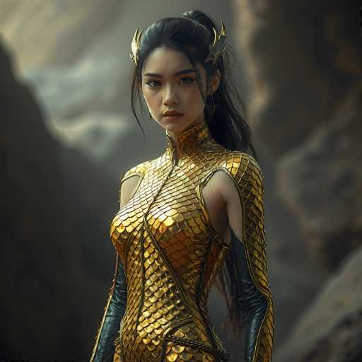 This image features a striking young Asian woman, likely in her late teens or early twenties, with long black hair styled in a ponytail. She is adorned in an elaborate, sleeveless gold dress that resembles fish scales, accentuating her figure. The dress is intricately designed with a high collar that extends up to her neck, and it has cutouts on either side of her chest, revealing her bare arms. Her arms are further embellished with black leather gloves that extend from her elbows to her wrists. She wears a gold headpiece that resembles a crown, adding to her regal appearance. Her expression is serious, and she gazes directly at the camera. The background is blurred, suggesting a rocky, mountainous terrain, which adds a dramatic and mysterious atmosphere to the portrait.