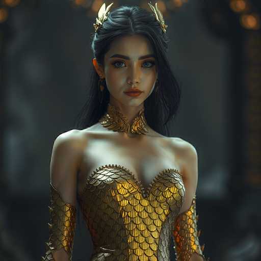 A stunning digital painting of a beautiful woman, likely a fantasy character, adorned in an elaborate golden scale-like gown. The gown features intricate detailing and appears to be made of a shimmering, textured fabric. She has long, dark hair styled with golden accents and wears ornate gold jewelry, including a statement necklace. Her expression is serene yet captivating, with her gaze directed slightly off-center. The background is dark and softly blurred, emphasizing the woman as the focal point of the artwork. The overall style is highly detailed and evocative, with a focus on texture and light play.