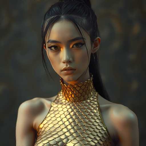 This image features a young Asian woman, likely in her late teens or early twenties, with a striking and detailed appearance. She has long black hair styled in a bun, with two strands framing her face and the rest cascading down her back. Her facial features are delicate, with a small nose, full lips, and expressive brown eyes. She is adorned in a gold, scaly top that covers her chest and extends up to her neck, resembling fish scales. The top is sleeveless, revealing her bare shoulders. The background is a dark gray with subtle hints of light brown, adding depth to the image. The overall composition highlights her serene yet captivating presence.