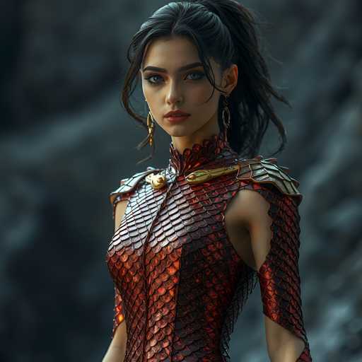 A woman with long dark hair is standing against a backdrop of a rocky cliff face and a gray sky. She is wearing a red dress adorned with gold accents that includes a corset-like top and a skirt with a snake skin pattern. The woman's gaze is directed straight at the camera, creating an engaging visual connection between her and the viewer.
