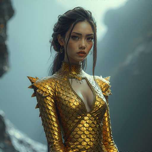 This image features a striking, computer-generated depiction of an Asian woman with long, dark hair, styled in a ponytail with a few loose strands framing her face. She has a serious expression, accentuated by her thick eyebrows and light brown eyes. Her lips are painted a subtle shade of red, adding to her regal appearance. She is adorned in an elaborate, golden dress that resembles fish scales, with a deep V-neckline that reveals some cleavage. The dress is form-fitting and extends to her wrists, where it features spiky, shoulder pads that add a touch of fierce elegance. A prominent, ornate necklace with a large, orange gem sits at her collarbone, further enhancing her majestic look. The background is a blurred, light blue, with indistinct shapes that could be rocks or mountains, adding a sense of depth and mystery to the scene.