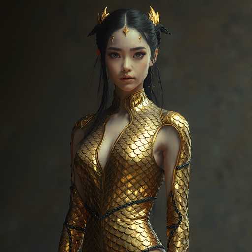 A stunning, detailed portrait of a woman with an otherworldly aesthetic. She is clad in a shimmering, golden scale-like garment that covers her entire body, resembling scales of a mythical creature. The garment has a high, ornate collar and long sleeves that also feature the scale pattern. Her hair is dark and styled in a sleek, braided fashion with golden accents woven throughout. She has delicate, almost ethereal features, with sharp cheekbones and expressive eyes that gaze directly at the viewer. The background is a muted, dark brown, drawing all attention to the woman and her elaborate attire. The overall lighting is soft yet dramatic, highlighting the texture and shine of the golden scales. The style leans towards fantasy art, with a focus on intricate detail and a sense of otherworldly beauty.