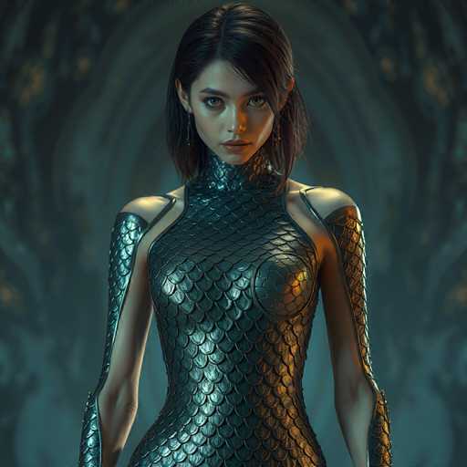 This image features a striking, computer-generated depiction of a woman with a distinctly Asian appearance. She has short, dark hair that falls just below her ears, with a side bang sweeping across her forehead. Her complexion is fair, and she has captivating brown eyes. She is adorned with long, dangling earrings that add an elegant touch to her look.

The woman is dressed in a form-fitting, sleeveless dress that extends up to her neck. The dress is a dark grayish-blue color and is intricately designed with a pattern resembling fish scales, giving it a unique texture. The dress has cutouts over her shoulders and around her breasts, adding to its intricate design. The material of the dress appears to be metallic, reflecting light and giving it a shiny, almost ethereal quality.

The background of the image is a muted grayish-blue, which complements the color of the dress and adds depth to the overall composition. The woman is positioned centrally in the frame, drawing the viewer's attention directly to her and her elaborate attire. The image is devoid of any text, allowing the viewer to fully appreciate the visual details and the woman's poised demeanor.