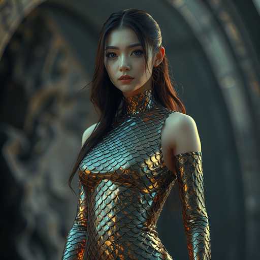 A young woman with long brown hair is standing in front of a large stone archway that has an intricate design and appears to be made of stone or marble. She is wearing a metallic dress with a snake skin pattern on the bodice and sleeves, which gives her a futuristic appearance. The image does not contain any discernible text.