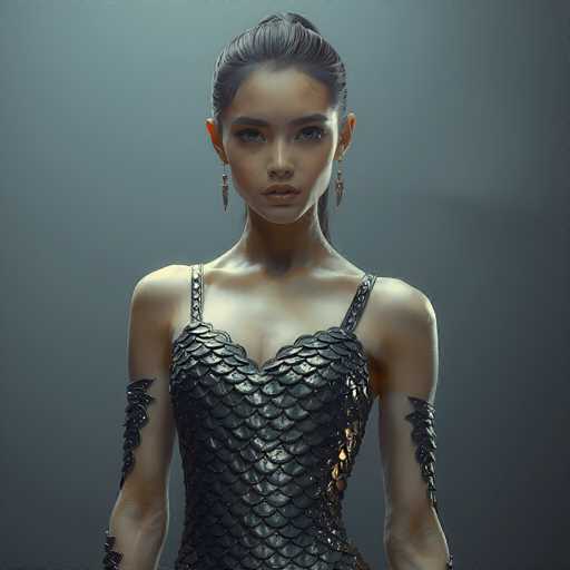 This image features a highly detailed, computer-generated depiction of a young woman, possibly in her late teens or early twenties. She has a light complexion and striking blue eyes, with her dark hair pulled back into a ponytail. Her face is adorned with subtle makeup, enhancing her natural beauty. She wears long, dangling earrings that resemble arrows, adding a touch of elegance to her appearance.

Her attire is a unique ensemble that combines elements of a dress and a top, crafted from a material that mimics the texture of fish scales. The garment is predominantly black with hints of gold, giving it a shimmering effect. It features thin straps over her shoulders and extends up to her neck, leaving her arms bare. The dress-like top is form-fitting, accentuating her slender figure.

The background of the image is a solid gray, which contrasts with the intricate details of her outfit and hair, making her stand out prominently. The overall composition suggests a fantasy or video game character, blending realism with a touch of the fantastical.