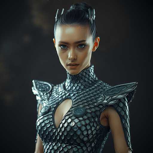 The image depicts a highly detailed, computer-generated portrait of a young woman, possibly in her late teens or early twenties. She has a striking appearance with dark hair styled in a bun and adorned with silver, spiky hair clips. Her complexion is light, and she has captivating blue eyes that gaze directly at the viewer. The woman is dressed in an elaborate, silver outfit that resembles a scaly dress or armor, complete with shoulder pads that extend into wing-like shapes. The dress features a deep neckline with two circular buttons, one on each side of her chest. The background is a dark gray, almost black, which accentuates the intricate details of her attire and the woman's intense expression.