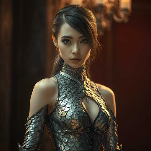 This image features a highly detailed, computer-generated depiction of a young woman, possibly in her late teens or early twenties. She has long, dark hair that is pulled back into a ponytail, with a section swept over to the side of her face. Her complexion is fair, and she has striking features including thick, dark eyebrows, large eyes, and full lips. She is adorned with small earrings and is dressed in an elaborate outfit that resembles a scaly, silver dress or armor, with intricate detailing around the neck and chest. The dress has a low neckline, revealing some cleavage, and is complemented by long, silver sleeves that extend to her elbows. The background is a dark, reddish-brown hue, and a chandelier with white candles can be seen hanging behind her, adding to the overall dramatic and somewhat mysterious atmosphere of the image.