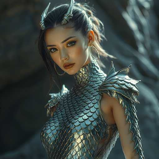 This image portrays a striking, computer-generated female character with a distinctly anime-inspired design. She is adorned in intricate, metallic armor that resembles fish scales, covering her chest and neck. The armor features a prominent shoulder piece on her left shoulder, while her right shoulder remains bare, showcasing her pale skin. Her left arm is also exposed, adding to the asymmetrical aesthetic of her outfit. 

Her long, dark hair is styled in a ponytail, with a few strands cascading over her right shoulder. She has two prominent horns protruding from her forehead, adding to her fierce appearance. The character's face is accentuated with heavy eye makeup, including thick eyeliner and mascara, and she wears a bold red lipstick. Large hoop earrings dangle from her ears, completing her elaborate look. 

The background is a blurred, dark gray, which contrasts with the character's detailed and vibrant appearance, making her stand out even more.