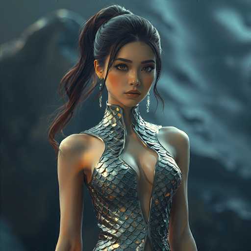 A stunning digital painting of a woman with long, dark hair styled in a high ponytail. She is wearing a shimmering, silver scale-patterned dress with a deep, plunging neckline and delicate diamond earrings. Her expression is serene yet captivating, her eyes gazing directly at the viewer with a hint of mystery. The background is softly blurred, suggesting a dark, ethereal environment with hints of water and possibly a mountainous landscape. The overall lighting is soft and dramatic, highlighting the texture of the dress and the woman's features. The style is reminiscent of fantasy art, with a focus on detailed textures and a slightly otherworldly atmosphere.