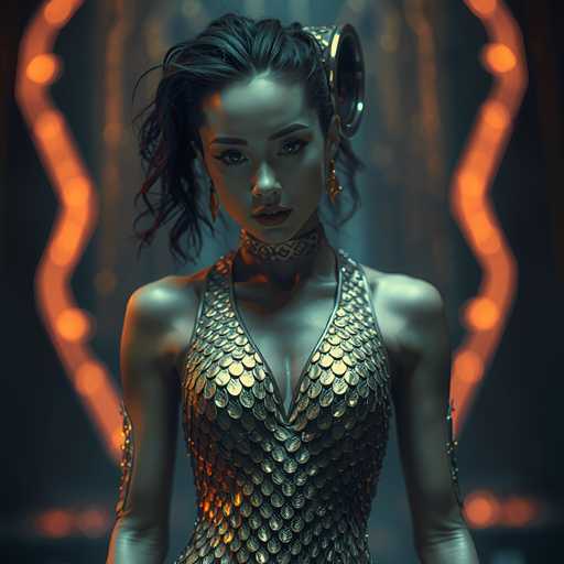 A woman with long dark hair is standing against a black background adorned with orange lights and gold accents. She is wearing a gold dress that features intricate designs of circles and lines on the bodice, giving it an ethereal glow. The woman's gaze is directed straight at the camera, creating an engaging visual connection between her and the viewer.