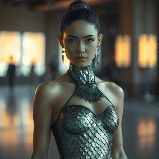 The image features a striking woman with dark hair styled in an elegant updo, adorned with a silver headband. She is wearing long, dangling earrings that add a touch of glamour to her appearance. Her outfit is particularly eye-catching, featuring a high collar that extends up to her neck, and a unique design that leaves her shoulders bare. The dress is form-fitting, accentuating her figure, and is decorated with a pattern reminiscent of fish scales. The top part of the dress is held up by thin straps, while the lower part is cut off in the image, leaving it unclear whether it extends to her knees or beyond. The background is blurred, but it appears to be a large room with a reflective floor, possibly a dance studio, as suggested by the faint silhouettes of other people in the distance. The overall ambiance of the image is one of elegance and mystery, with the woman as the focal point.