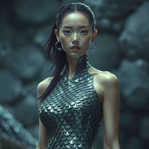 This image features a stunning young Asian woman, likely in her early 20s, with long black hair pulled back into a ponytail. She has a fair complexion and is adorned with large, silver hoop earrings that have a star-shaped detail at the bottom. Her attire is a striking, sleeveless dress that covers her neck and extends down to her waist, crafted from metallic silver scales that shimmer under the light. The background is a dark, blurred mix of gray and black, possibly depicting a rocky or mountainous landscape, which adds to the overall dramatic and ethereal quality of the scene.