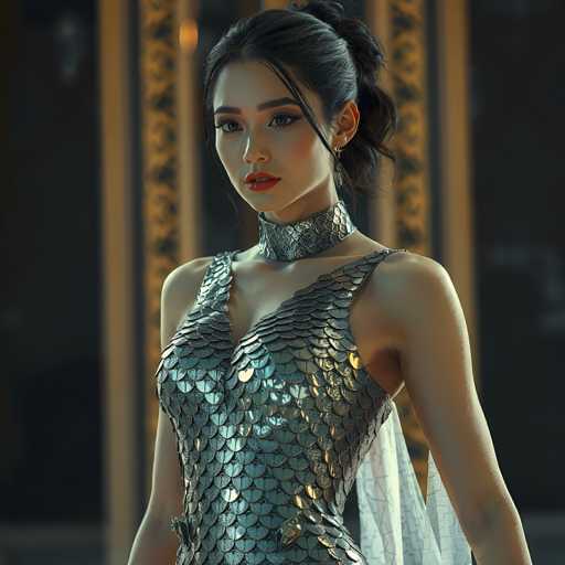 A woman is standing against a black background with gold accents and wearing a silver dress that features a snake skin pattern on the bodice. She has her hair styled in a bun and is looking directly at the camera.