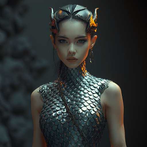 A close-up portrait of a fantasy woman in elaborate armor, rendered with a digital painting style. The woman has pale skin, dark hair adorned with metallic horns and scales, and piercing blue eyes. She wears a silver scale-like armor that covers her torso and neck, with intricate chains draped around her shoulders. Her expression is serious and captivating, looking directly at the viewer. The background is a dark, blurred gray, emphasizing the woman's detailed armor and face. The lighting is dramatic, highlighting the metallic textures and creating a sense of mystery.
