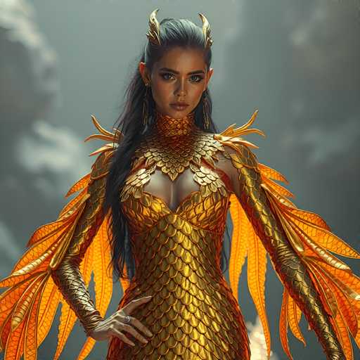 The image depicts a striking, computer-generated female character with a serious expression. She has long, dark hair cascading down her back and wears a golden, scaly dress that resembles fish scales. The dress is form-fitting, accentuating her chest and waist, and features a high collar that extends up to her neck. Her shoulders are adorned with golden, wing-like structures that resemble leaves, adding to her ethereal appearance. She has a pair of golden, feathered wings extending from her back, with the feathers appearing to glow in shades of orange and yellow. Her hands are visible, with one hand resting on her hip, showcasing a ring on her finger. The background is a blurred mix of gray and white, with hints of clouds, enhancing the focus on the character. The overall image has a fantasy or video game aesthetic, with the character's design incorporating elements of a mermaid or dragon.