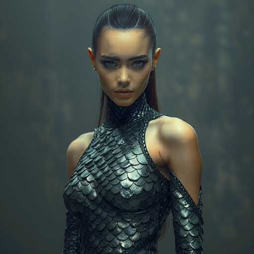 The image depicts a highly detailed, computer-generated female character with a striking resemblance to a young model. She has long, dark brown hair pulled back into a ponytail, with some strands cascading down her back. Her complexion is fair, and she has piercing blue eyes accentuated by dark, thick eyebrows and smoky eye makeup. Her lips are painted a soft pink, adding a touch of femininity to her fierce expression.

She is adorned in a unique, sleeveless dress that covers her neck and extends down to her waist. The dress is crafted from a material that resembles black fish scales, giving it a textured, almost metallic appearance. The dress is form-fitting, highlighting her well-defined shoulders and chest. On her left arm, she wears a matching sleeve that covers from her shoulder to her wrist, leaving her right arm bare.

The background of the image is a muted gray, which contrasts with the character's vivid features and attire, making her stand out prominently. The overall composition suggests a blend of realism and fantasy, creating a captivating visual experience.