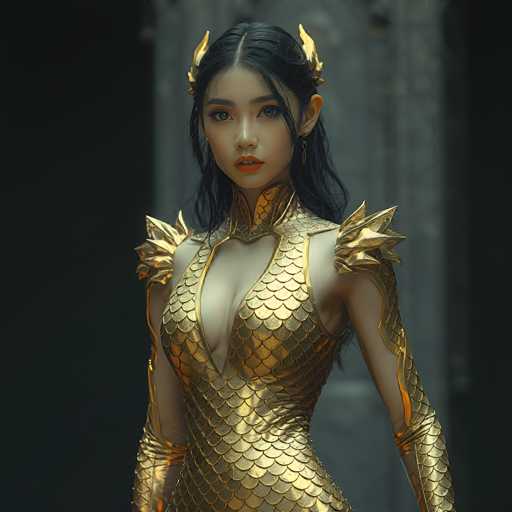 This image features a young Asian woman, likely in her late teens or early twenties, with long black hair that cascades down her back. She is adorned in an elaborate, gold-colored dress that evokes the appearance of fish scales, giving it a shimmering, metallic quality. The dress is form-fitting, accentuating her figure, and includes a deep V-neckline that reveals a significant portion of her chest. 

Her attire is further embellished with gold shoulder pads that resemble spikes, adding a touch of regality and strength to her appearance. She wears matching gold gloves that extend up to her elbows, completing the cohesive and striking ensemble. 

Her makeup is subtle yet elegant, with a hint of red lipstick that adds a pop of color to her look. She is posed with her arms at her sides, gazing directly at the camera, exuding confidence and poise. The background is a muted gray, ensuring that all attention remains on her and her intricate, golden attire.