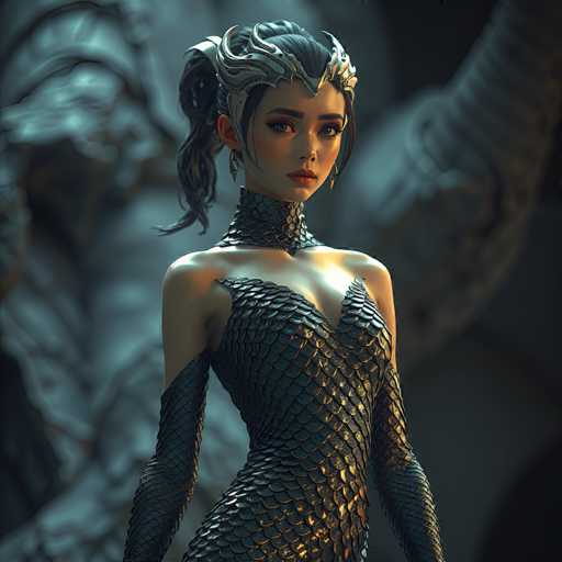 A stunning digital painting of a beautiful, ethereal mermaid. She has long, flowing dark hair styled in a high ponytail with intricate silver and gold accents woven throughout. Her skin is fair, and her eyes are a striking shade of deep red with long, dark lashes. She wears an elaborate, scale-like dress in shades of black and silver, with a high, ornate collar that resembles a crown. Her arms are adorned with matching scale-like sleeves, and she wears delicate silver earrings that dangle from her neck. The background is a soft, blurred mix of blues and grays, suggesting an underwater environment. Her expression is serene yet captivating, with a hint of mystery in her gaze. The overall lighting is soft and dramatic, highlighting the details of her costume and hair.