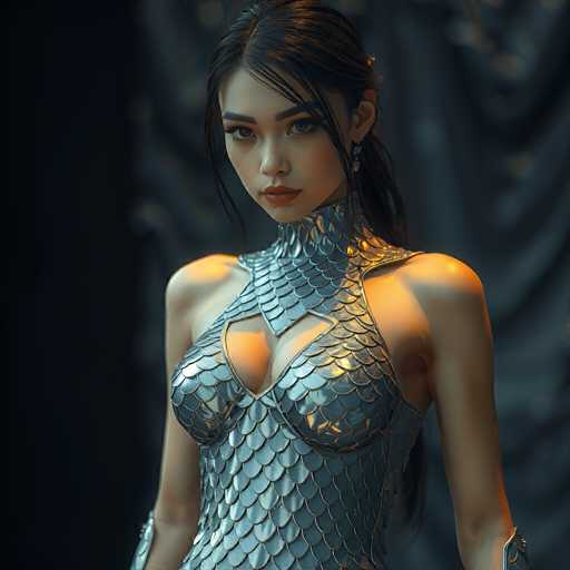 This image features a highly detailed, computer-generated depiction of a young Asian woman, likely in her late teens or early twenties. She has long, dark hair with a few strands framing her face, and her hair is pulled back into a ponytail. Her expressive eyes are accentuated by thick eyebrows, and she wears a serious, almost stern expression. She is adorned with long, dangling earrings and has a full face of makeup, including lipstick.

Her attire is a striking, form-fitting dress that appears to be made of metallic scales, giving it a fish-like or mermaid-inspired look. The dress is sleeveless, with a high collar that extends up to her neck, and it features a V-neckline that reveals a significant amount of cleavage. The scales on the dress are intricately detailed, with a bluish-silver hue that shimmers, adding to the overall futuristic and otherworldly aesthetic of the image.