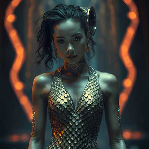 This image features a striking, computer-generated depiction of a woman who appears to be of Asian descent. She has short, dark hair and is adorned with a distinctive circular accessory on the back of her head. Her attire is a form-fitting, sleeveless dress that resembles fish scales, crafted from a gold-colored material that accentuates her bare shoulders and arms. The dress is intricately designed with a deep V-neckline that reveals a hint of cleavage. She accessorizes with a choker necklace that complements the metallic theme of her outfit. The background is a dark, almost black hue, illuminated by two glowing orange lines that frame her figure, adding a dramatic contrast to the overall composition.