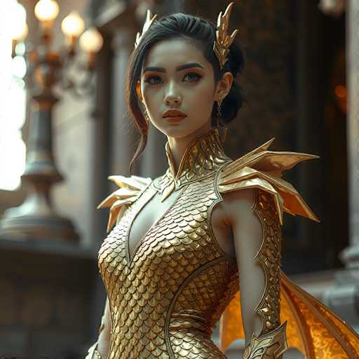 This image features a highly detailed, computer-generated depiction of a young woman, possibly in her late teens or early twenties, with a distinctly anime-inspired appearance. She has long, dark hair styled in a bun with a few loose strands framing her face. Her striking features include thick, dark eyebrows, large eyes accentuated with orange eyeshadow, and full lips painted in a vivid red. She is adorned with a golden, scale-patterned dress that extends to her elbows, and a matching golden arm piece on her left arm. Her ensemble is complemented by a golden, wing-like structure on her back and a golden crown or headpiece. The background is blurred, suggesting an indoor setting with a chandelier visible on the left side, adding to the ethereal and fantastical atmosphere of the scene.