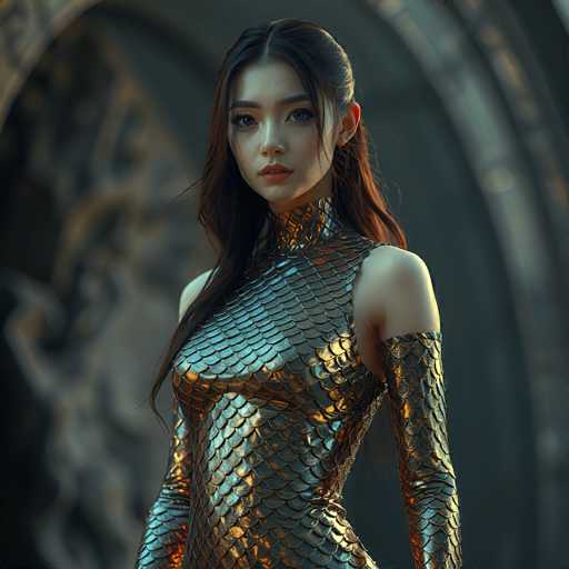 A stunning, digitally-rendered portrait of a woman with long, flowing dark hair and striking eyes. She is wearing a shimmering, metallic scale-patterned bodysuit that appears to be made of a futuristic or fantasy material. The suit has a high, ornate collar and long sleeves that extend to her elbows. Her expression is serene yet intense, with a subtle hint of mystery in her gaze. The background is softly blurred but suggests an ornate, possibly ancient or fantastical setting with dark, textured elements. The lighting is dramatic, highlighting the metallic texture of the suit and casting subtle shadows that emphasize her form. The overall style is highly detailed, with a focus on texture and light play, creating a captivating and otherworldly image.