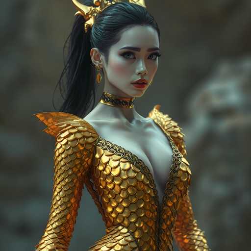 A woman with long dark hair is wearing a gold dress adorned with intricate scales and a large gold headpiece. The background features a blurred stone wall, suggesting an indoor setting or perhaps a cave-like environment.
