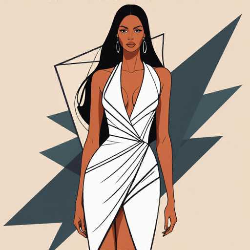 This detailed illustration features a striking woman with long, straight black hair parted in the middle, cascading down to her waist. She has a medium complexion and is adorned with large, silver hoop earrings. Her attire is a form-fitting, white dress with a deep V-neckline that extends down to her belly button, accentuating her cleavage. The dress is sleeveless and has a slit on the left side, revealing her leg. The fabric appears to be wrapped around her body, adding texture and dimension to the design. She stands confidently, looking directly at the viewer, with her arms hanging naturally by her sides. The background is a light beige color, adorned with dark blue, jagged shapes that resemble lightning bolts, adding a dynamic element to the composition.
