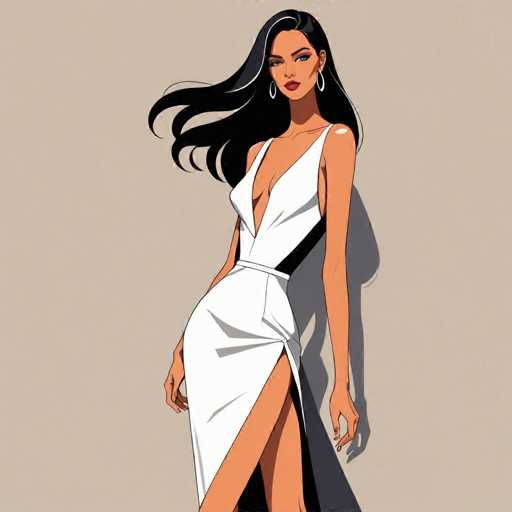 The image depicts a detailed cartoon drawing of a woman with long, flowing black hair that cascades down to her waist. She is wearing a white dress with a deep V-neckline that extends down to her belly button, and the dress features a slit on the right side, revealing her leg. The dress is cinched at the waist with a black belt, and it has a single strap over her right shoulder. The woman has a tan complexion and is adorned with white earrings. She is standing against a light brown background, with her arms relaxed at her sides. Her expression is serious, and she is looking directly at the viewer. The overall style of the drawing is reminiscent of a comic book or graphic novel.