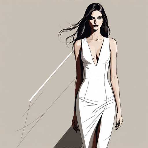 The image depicts a striking cartoon-style illustration of a woman with long, flowing black hair that appears to be blowing in the wind. She is dressed in a form-fitting, sleeveless white dress that features a deep V-neckline, plunging down to her belly button, and a high slit on the left side that extends up to her hip. The dress is accentuated with black lines that add texture and detail, particularly around the waist and the slit. The woman has a serious expression, with dark lipstick and eyes that are either closed or looking downward. Her arms hang straight down by her sides, and her hands are positioned at her hips. The background is a light gray, and there are black and white lines that seem to be part of the dress's design, adding to the overall dynamic and stylish appearance of the illustration.