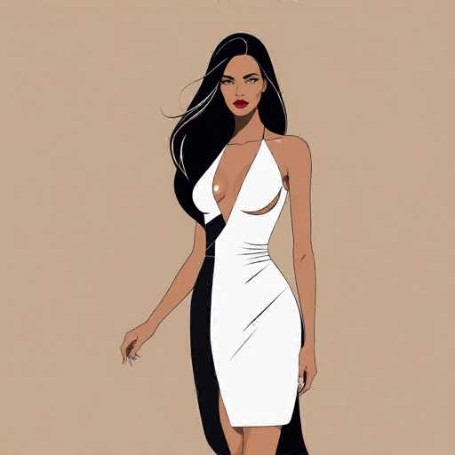 This image features a striking cartoon-style illustration of a woman with long, flowing black hair. She is wearing a form-fitting white dress that accentuates her slender figure. The dress has a unique design, with a black panel running down the left side and a cut-out on the right side that adds an element of intrigue. The woman's pose is confident, with her right arm extended outward, showcasing her elegant posture. Her facial features are distinct, with a full red mouth and expressive eyes that draw attention. The background is a solid brown color, which provides a neutral backdrop that allows the character to stand out prominently. The overall composition is simple yet captivating, focusing solely on the woman and her detailed attire.