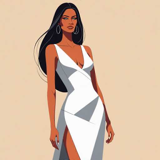 The image depicts a woman wearing a white dress with a geometric pattern on the skirt and a strapless top. The background is a light beige color that contrasts with her outfit. She has long dark hair styled in loose waves and is looking directly at the camera.