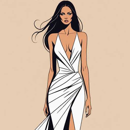The image features a detailed drawing of a woman with long, flowing black hair that has a few white streaks. She is depicted with a serious expression, her mouth slightly open, and her eyes looking downward. The woman is wearing a white dress that accentuates her figure, with thin straps over her shoulders and a deep V-neckline that reveals a significant portion of her chest. The dress is form-fitting, highlighting her pronounced cleavage and long, slender arms. It also features a slit on the right side, extending up to her thigh, and is adorned with black lines that add texture and detail. The woman's skin is a light brown, and she appears to be holding the bottom of her dress with her left hand. The background of the image is a light brown or beige color, providing a neutral backdrop that emphasizes the woman's striking appearance.