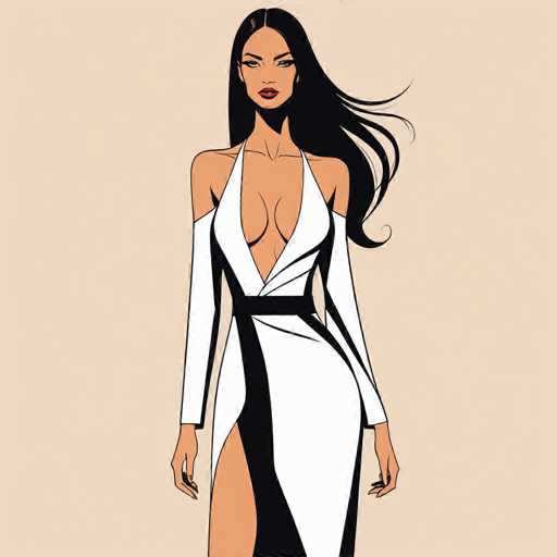 The image depicts a detailed cartoon drawing of a woman with long, flowing black hair that cascades down to her waist. She has a tanned complexion and is adorned with striking red lipstick. Her attire is a white dress featuring a deep V-neckline that extends down to her belly button, revealing a significant amount of cleavage. The dress is accentuated with black trim and includes a high slit on the left side, exposing her leg up to the thigh. The dress also has long sleeves that cover her arms down to her wrists. The woman's expression is serious, and she gazes directly at the viewer. The background of the image is a light brown or beige color, providing a neutral backdrop that highlights the intricate details of her appearance and attire.